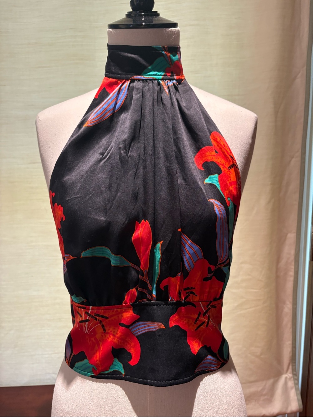 Diane Von Furstenberg Black Halter Floral Top with Red & Teal Accents